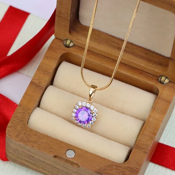 "Purple Round Stone Pendant in Gold Plated Brass with Crystal Halo, XPPT1772 - Picture 9 of 13